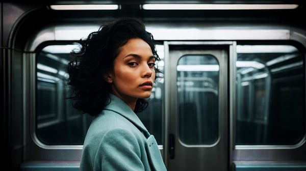 A young lady on a subway train
